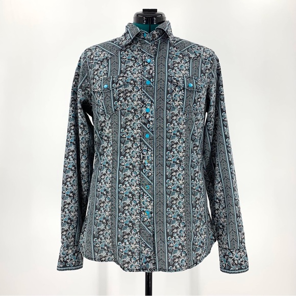 Cruel Black and Teal Floral Paisley Snap Closure Western Rodeo Shirt, Large - Picture 3 of 16